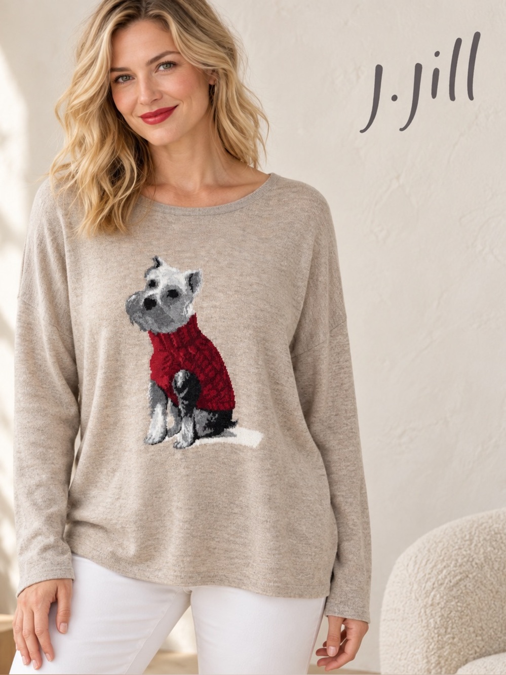 🌸J.Jill Dog Sweater Oatmeal Relaxed Fit Pullover Size M Cotton-Blend Novelty